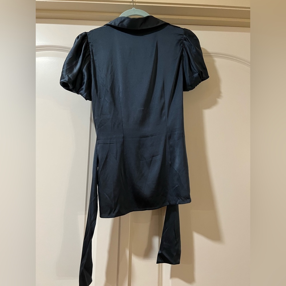 BCBGMaxAzria Navy Silk Wrap Blouse - Picture 4 of 5